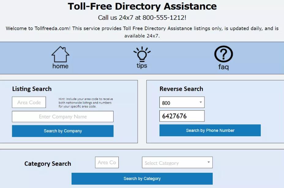 在tollfreeda.com上进行800反向搜索